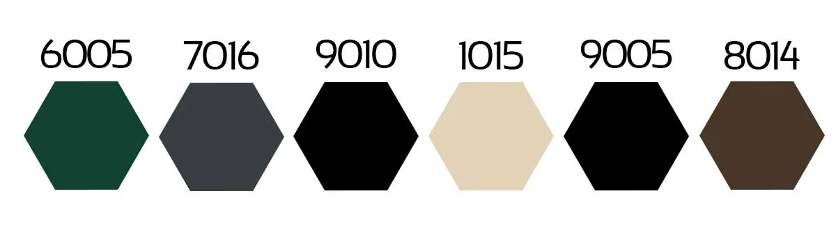 Catalogue swatches labelled RAL 6005, 7016, 9010, 1015, 9005 and 8014
